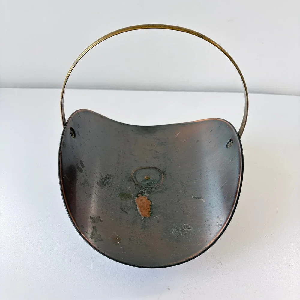 Vintage Mid Century Modern Mixed Metal Basket Brass Handle Pedestal Base Copper